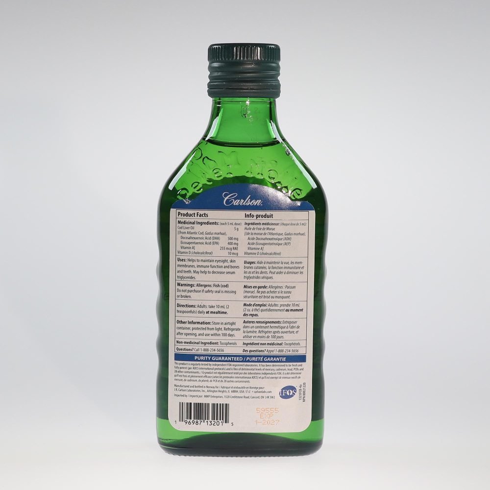 YumNaturals Store Carlson Cod Liver Oil Unflavoured Liquid 250mL back 2K72