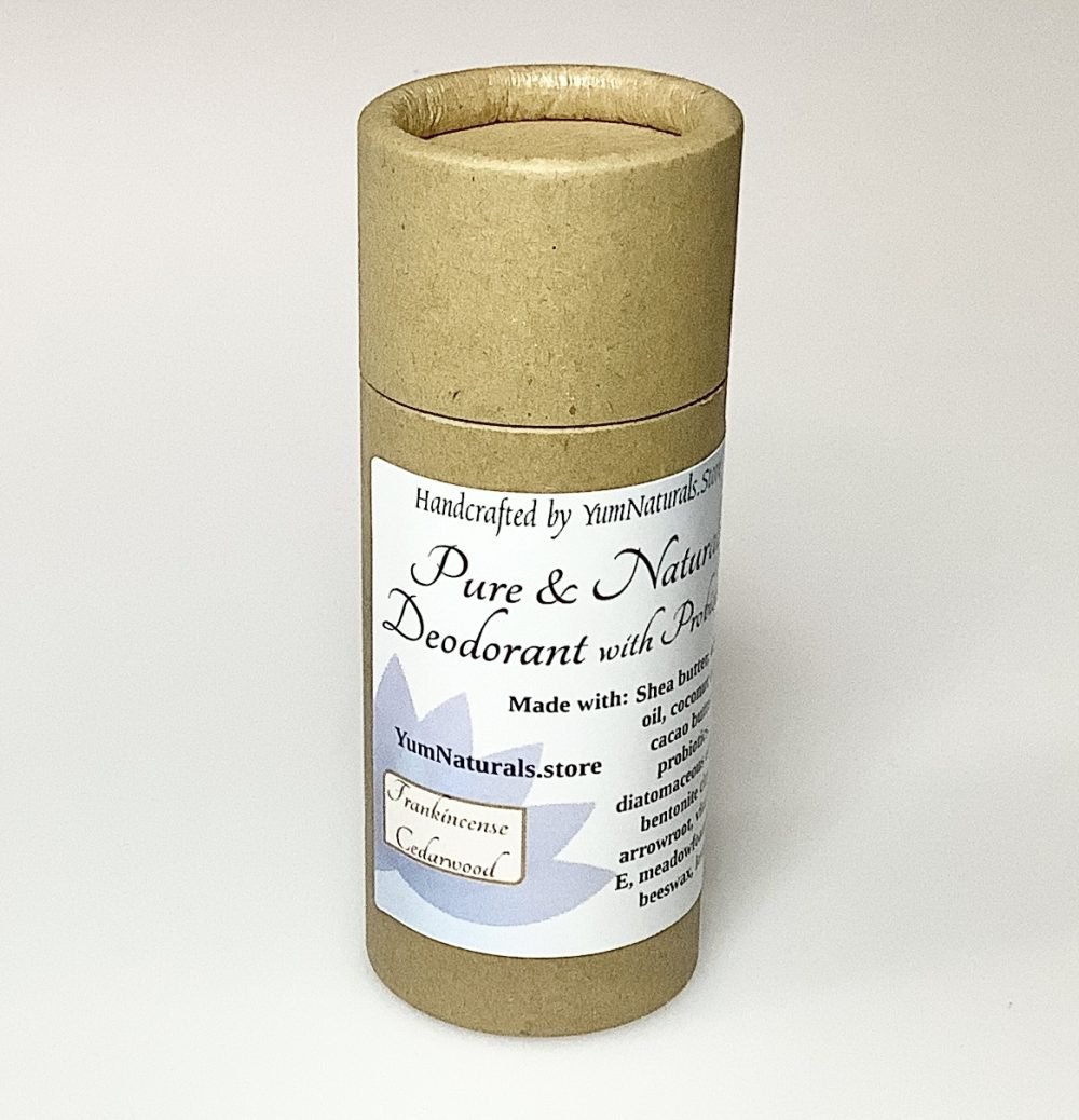 Yum Naturals.store Pure and Natural Deodorant with Probiotics Himalayan Cedarwood Frankincense Eco friendly cardboard tube