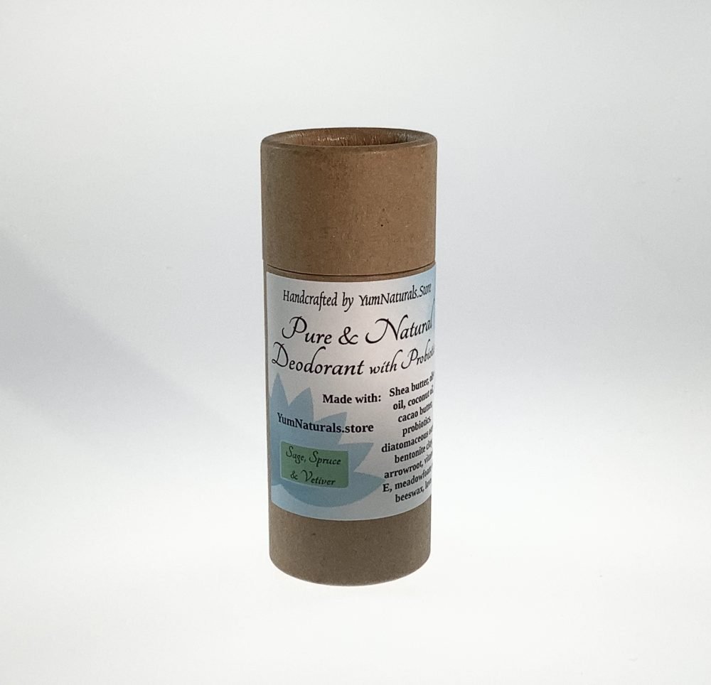 YumNaturals.store Pure and Natural Deodorant with Probiotics Sage Spruce Vetiver in Eco friendly cardboard tube